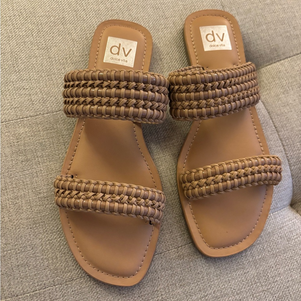 Dolce Vita Tan Woven Double-Strap Slide Sandals - Picture 1 of 3